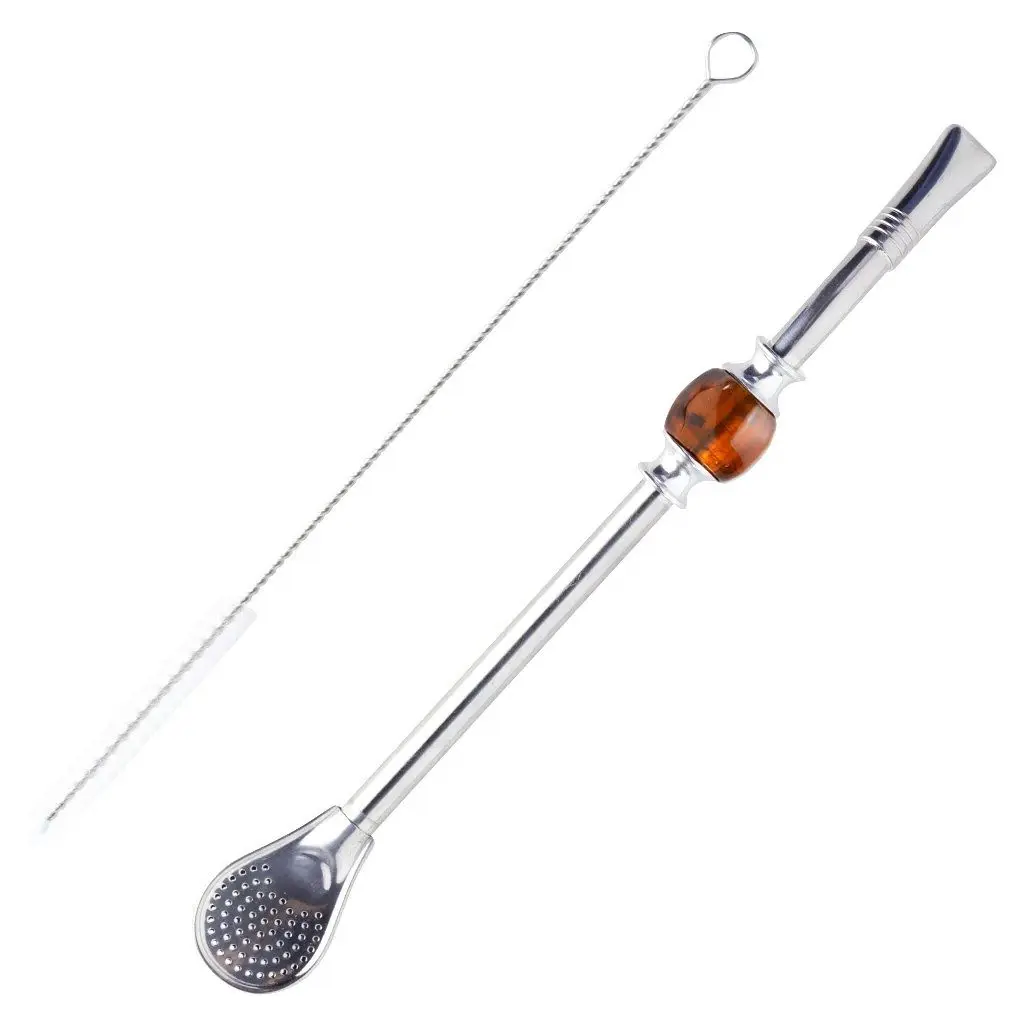 Бомбилья разборная 22 см с щеточкой для чистки, металл (ложечка), коричневый камень