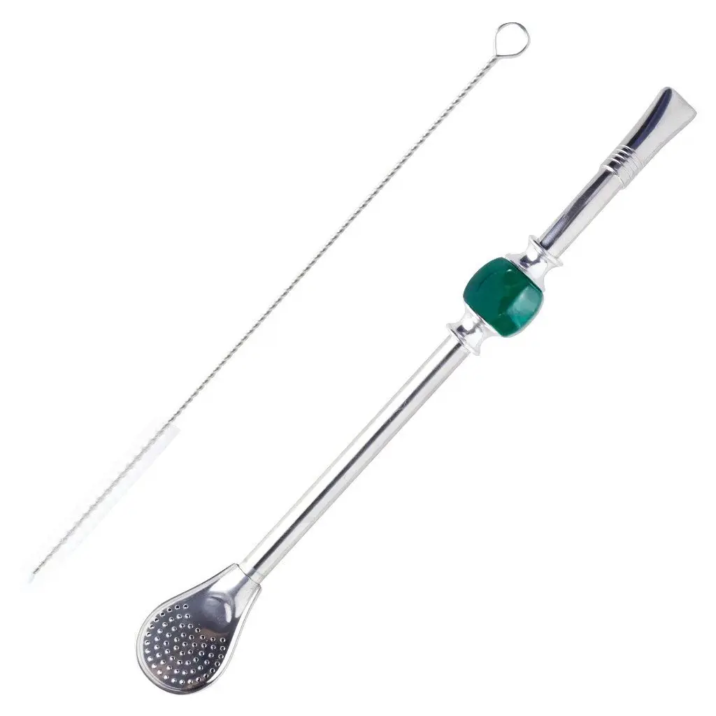 Бомбилья разборная 22 см с щеточкой для чистки, металл (ложечка), зелёный камень